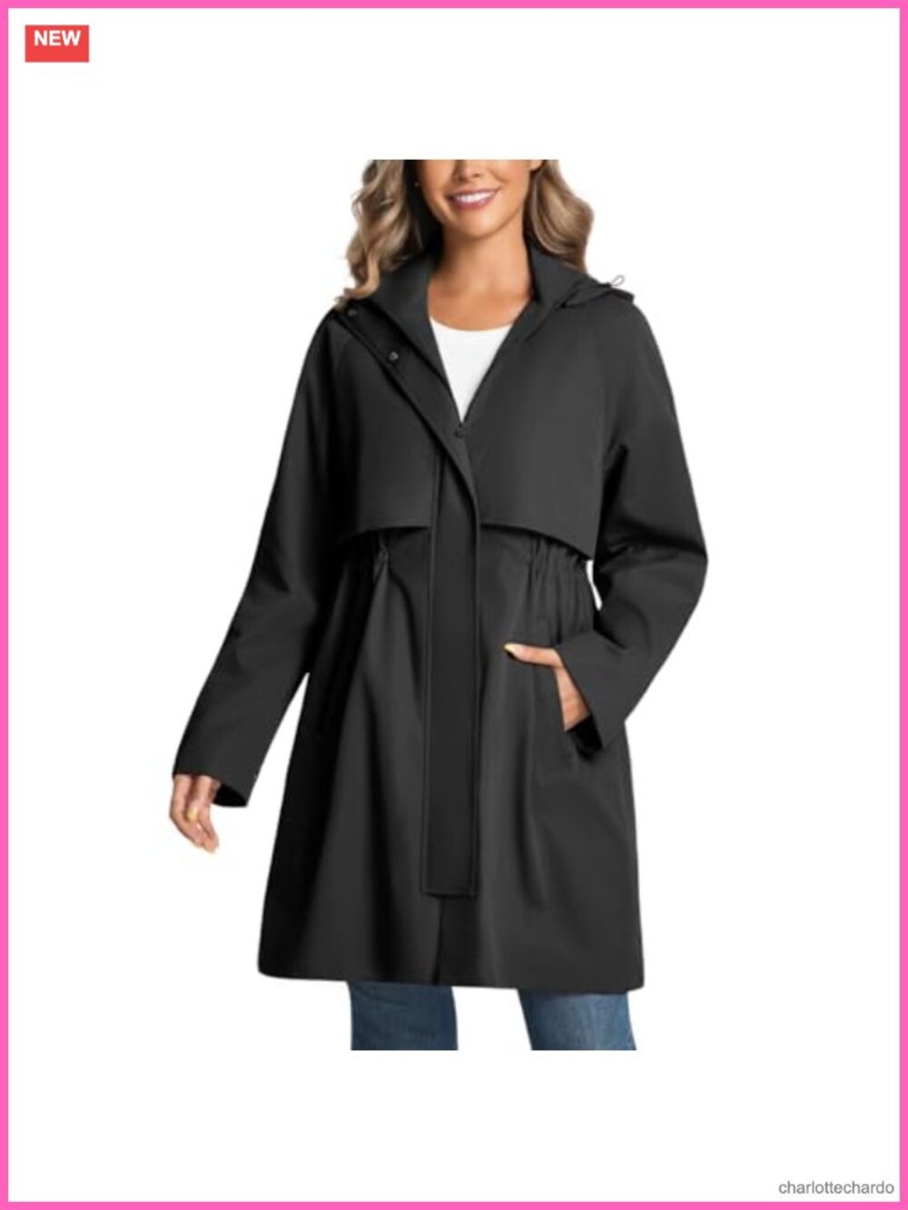 Water Resistant Womens Trench Coat Detachable Hood Two-Way Zipper Windproof